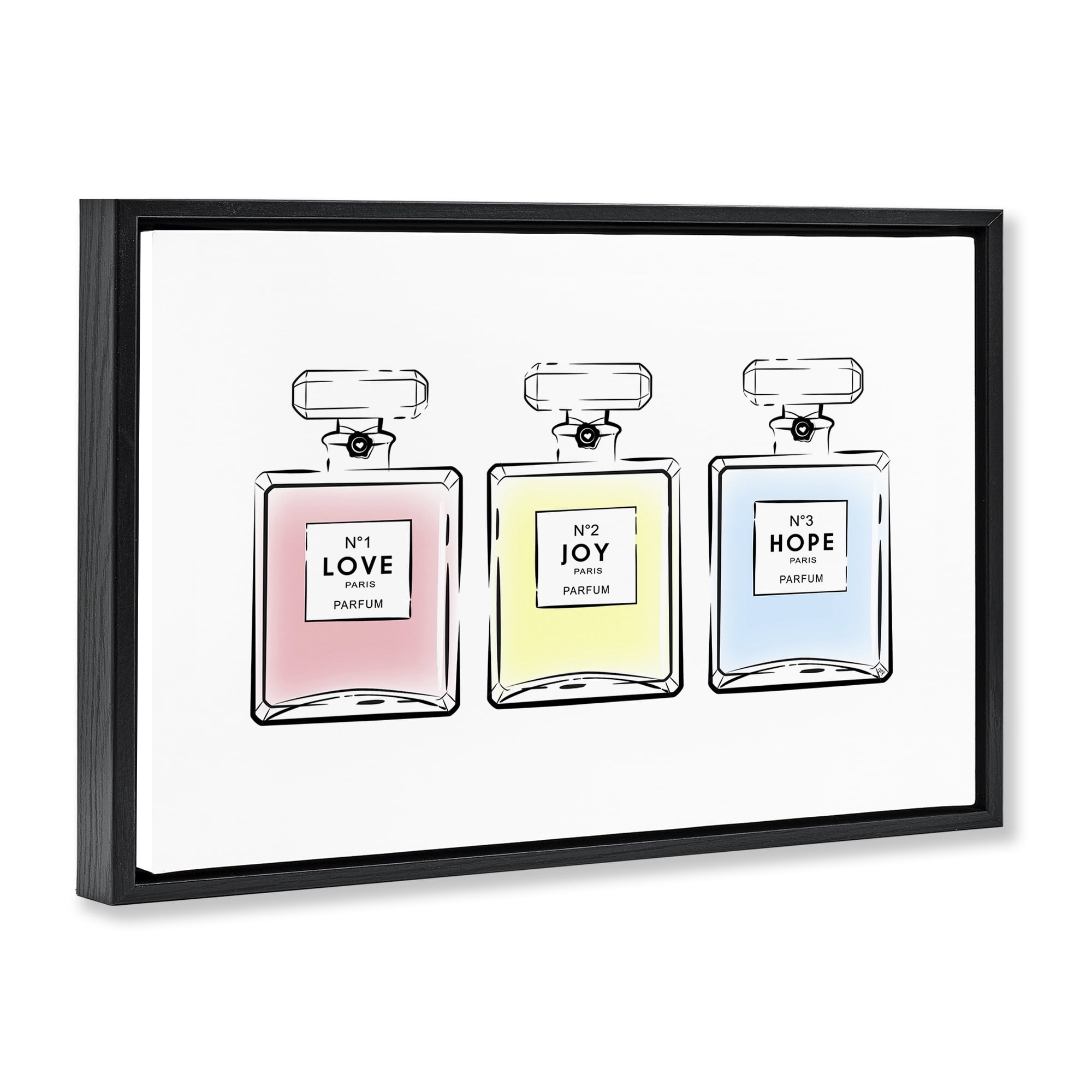 Stupell Industries Love Hope Joy Perfumes Fashion Painting Black Floater Framed Canvas Art Print Wall Art, 31 x 21