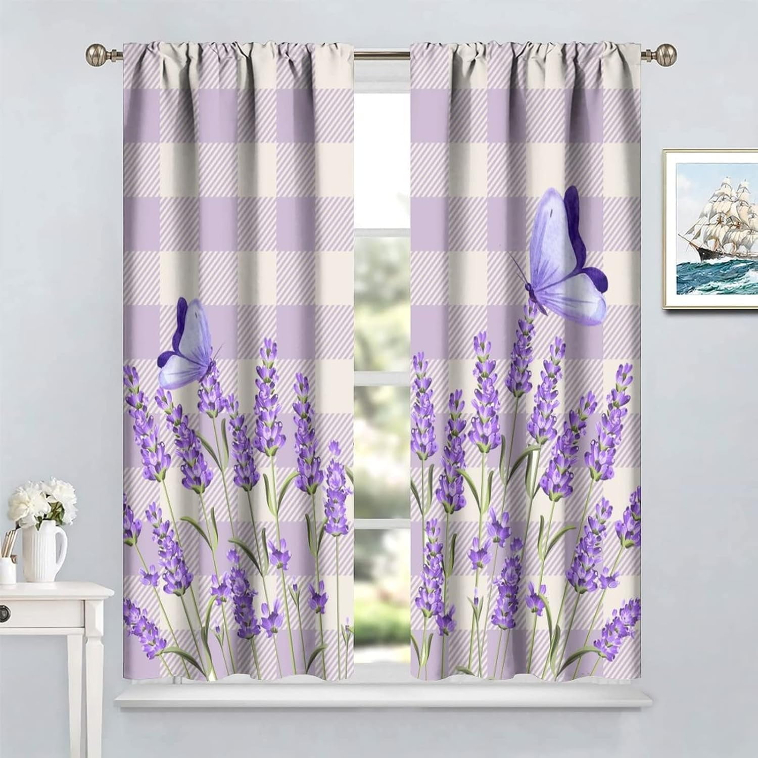 Lavender Floral Curtains, Lavender Flower Purple Window Treatments for Living Room Girls Woman Room Decor, Luxurious Elegant Purple Drapes 2 Panels, 42x63 Inch