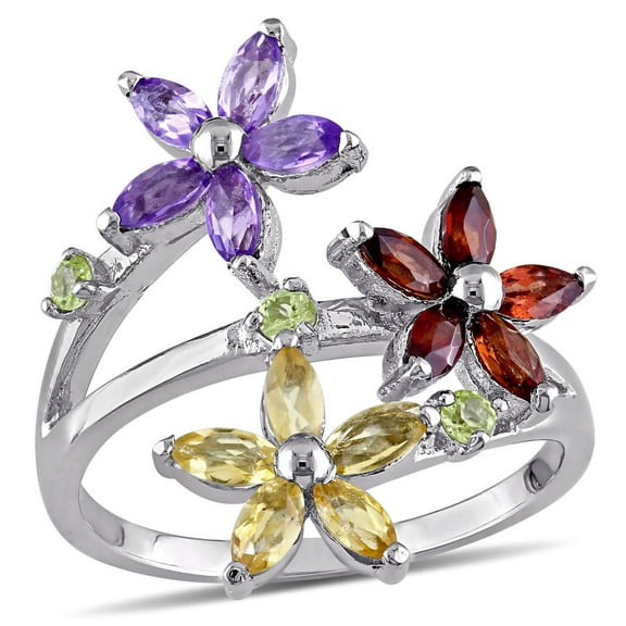 AMOUR Multi Gemstone Floral Ring In Sterling Silver