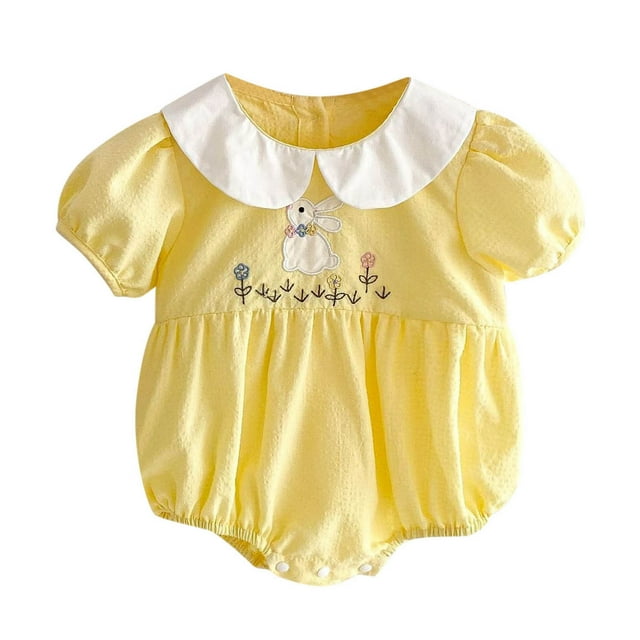 Girls Rompers Summer Puff Sleeve Cartoon Animal Floral Embroider Doll Round Neck Romper Jumpsuits Yellow Infant To Big Kid 0-3M
