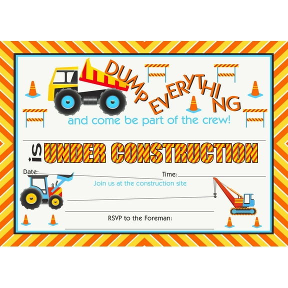 Construction Party LARGE Invitations - 20 Invitations 20 Envelopes