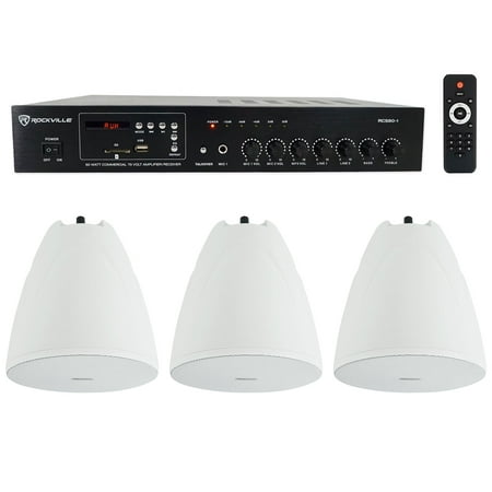 Rockville Commercial Amplifier+3) White Pendant Speakers For Restaurant/Bar/Cafe