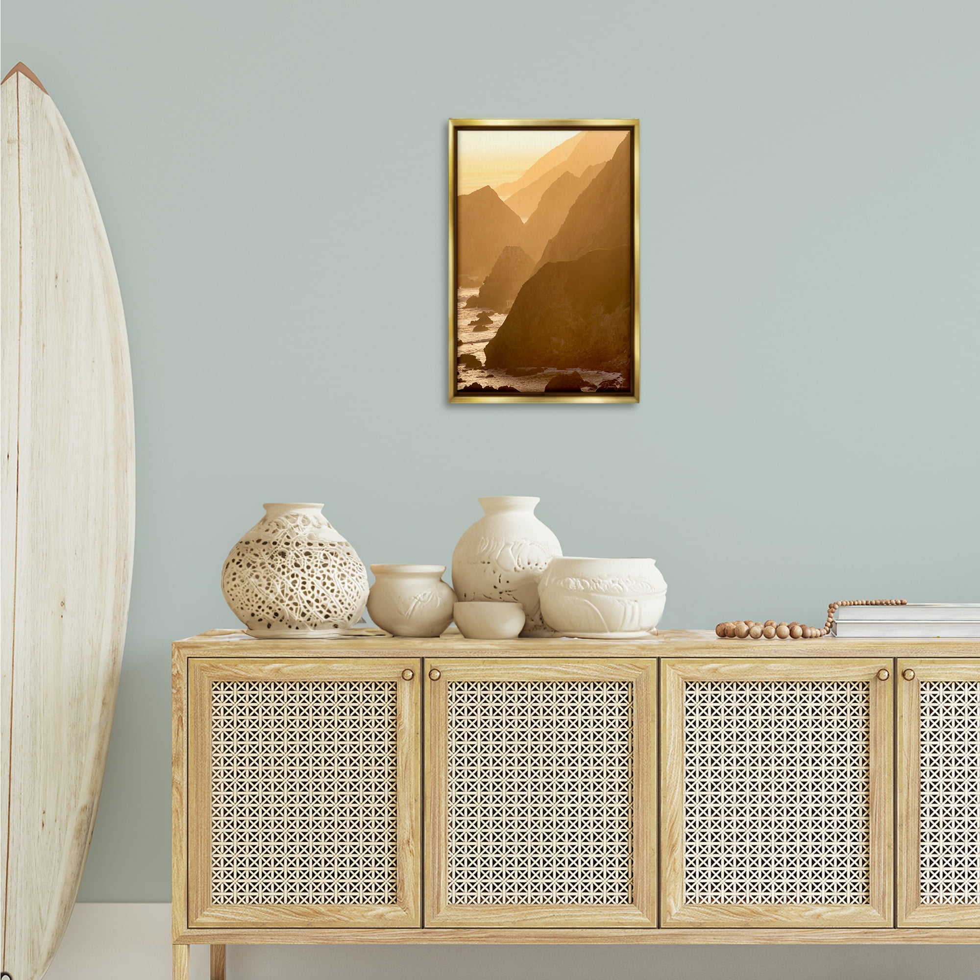 Stupell Industries Rocky Cliffs by Beach Landscape Photography Gold Floater Framed Canvas Art Print Wall Art, 17 x 25