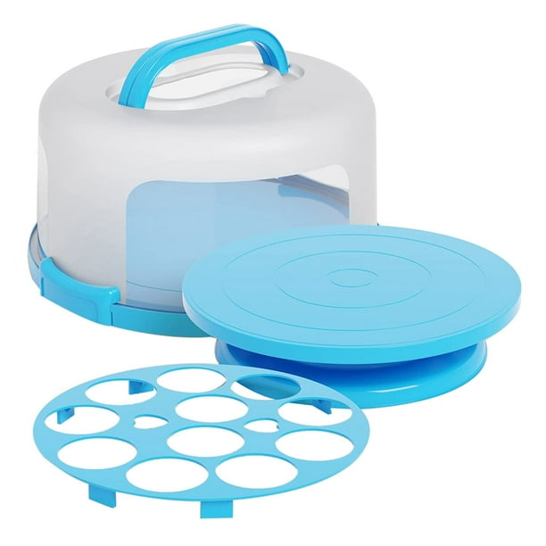 Porta pasteles y cupcakes con tapa y asa + plato de soporte para pasteles con cúpula, soporte redondo para pasteles de 10 pulgadas con tapa azul