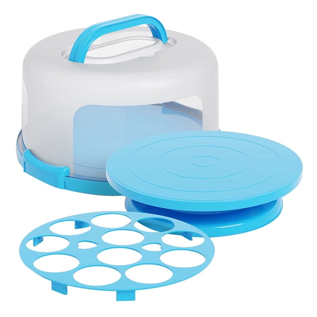 Porta pasteles y cupcakes con tapa y asa + plato de soporte para pasteles con cúpula, soporte redondo para pasteles de 10 pulgadas con tapa azul