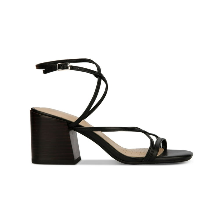 KENNETH COLE Womens Black Adjustable Ankle Strap Padded Strappy Martha Square Toe Stacked Heel Buckle Leather Dress Heeled Sandal 7 M