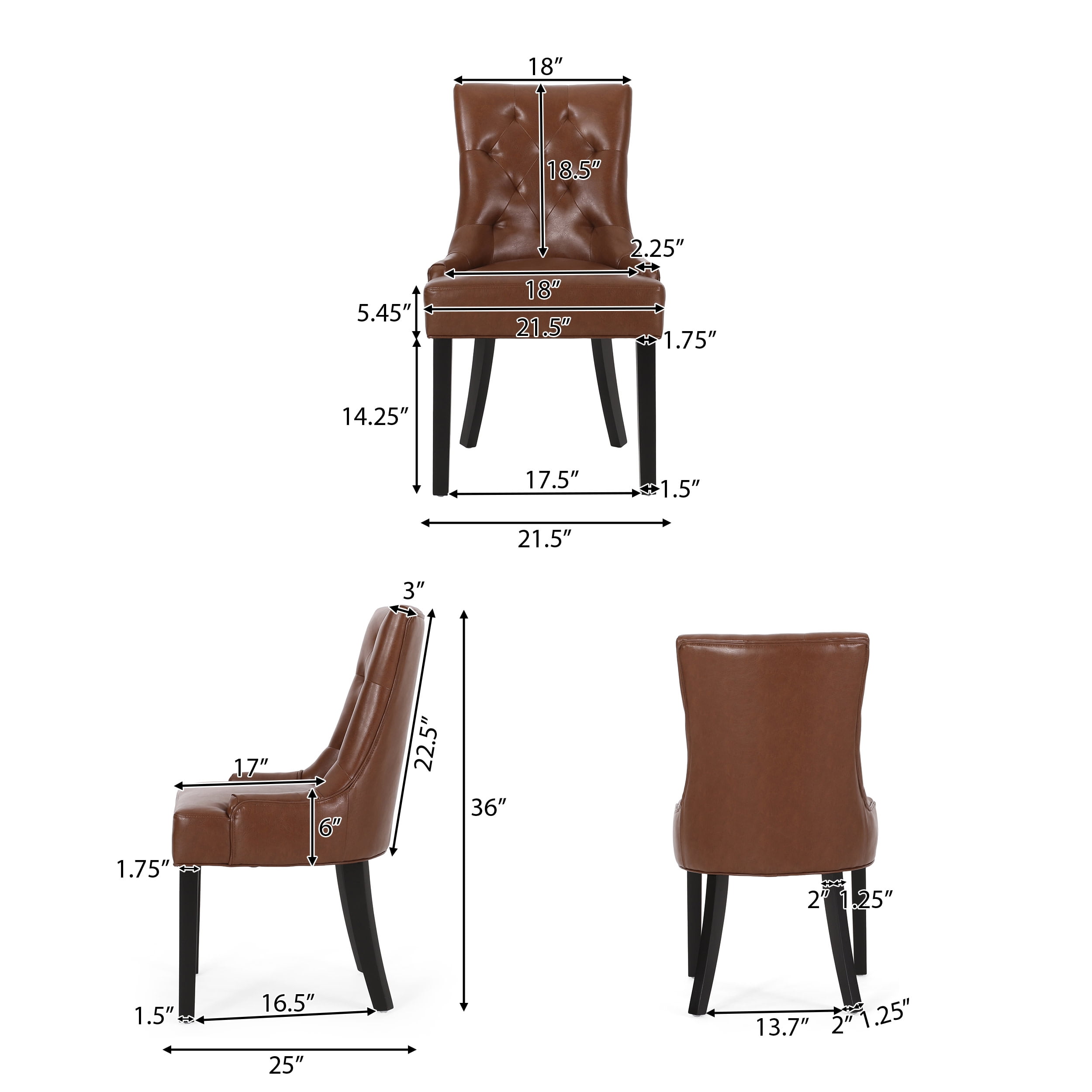 Noble House Will Faux Leather Dining Chairs, Set of 2, Cognac Brown, Dark Brown