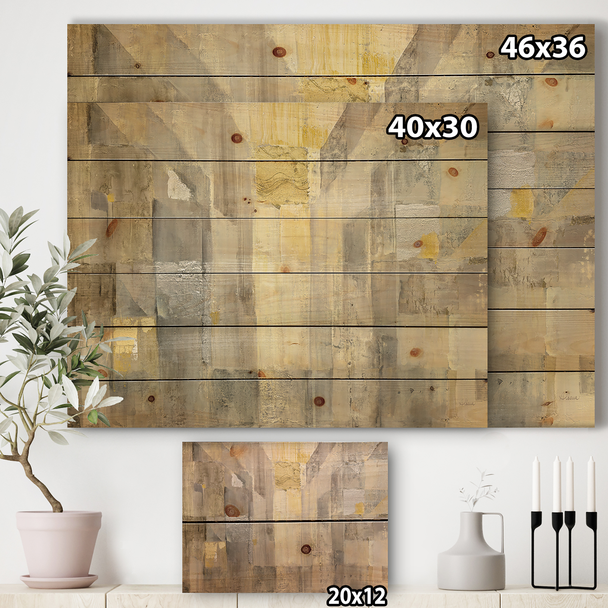 Designart 'Abstract Gold Square Watercolor' Glam Print on Natural Pine Wood