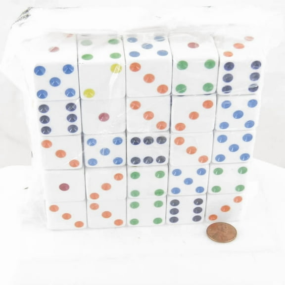 White Opaque Dice with Multi-Colored Pips D6 25mm (1in) Bulk Pack of 50 Koplow Games