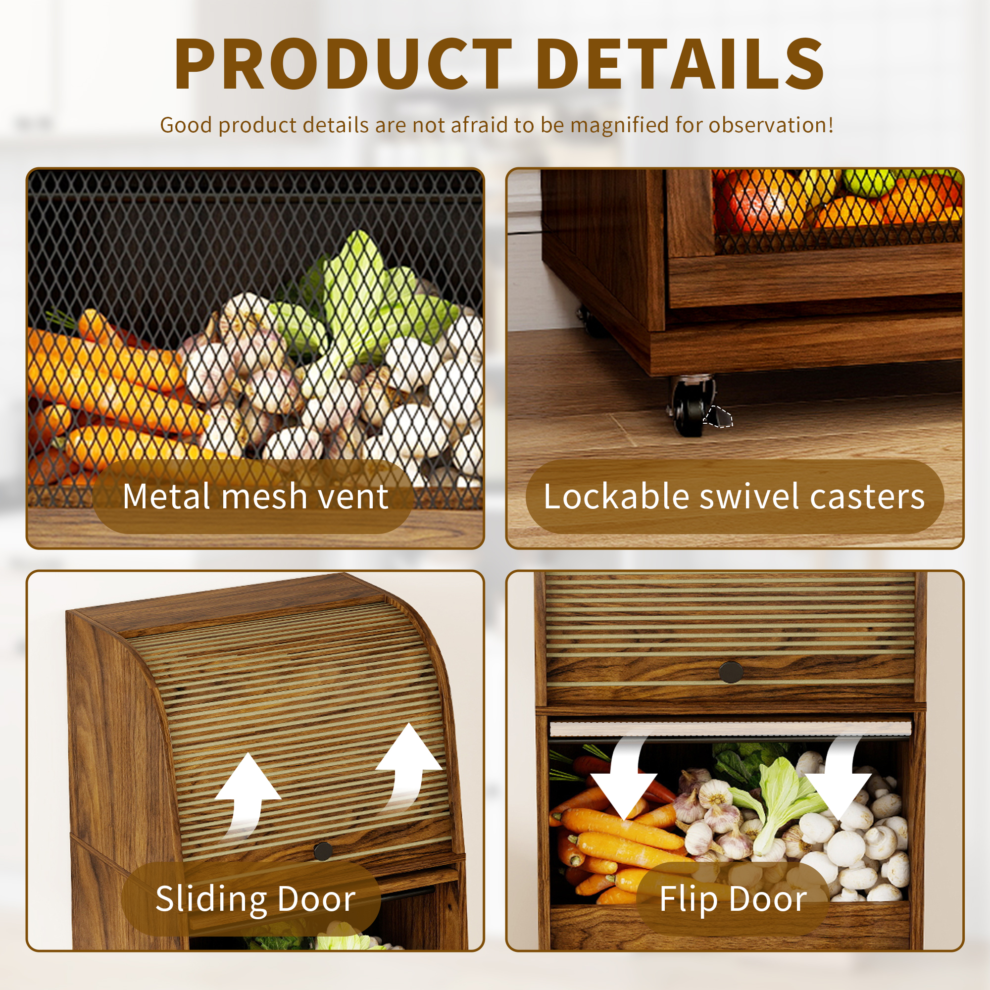 4 Tier Large Tall Potato Storage Bin with Wheel  Wood Food Small Kitchen Pantry Cabinet for Kitchen Living room