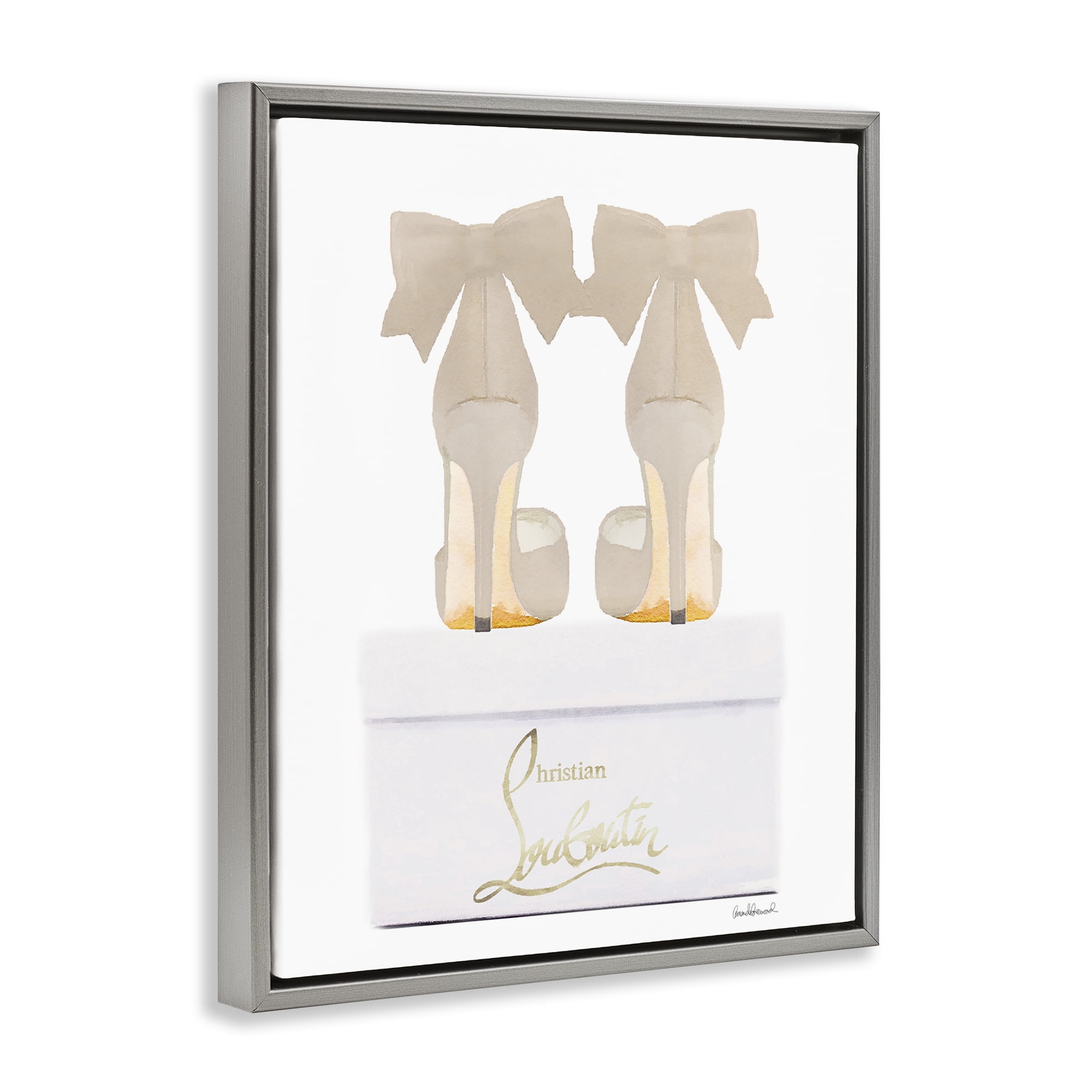 Stupell Industries Beige Bow Heels Fashion Painting Gray Floater Framed Canvas Art Print Wall Art, 17 x 21