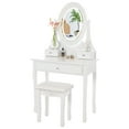 thumbnail image 1 of AKDSteel Antique White Farmhouse Vanity Table – LED Lighted Mirror, Cushioned Stool, 3 Storage Drawers, Makeup Dressing Table for Bedroom, 1 of 7