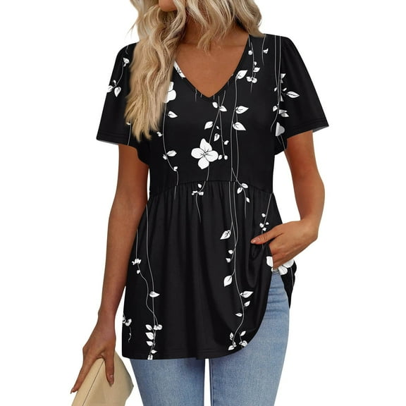 TQWQT Womens Summer Peplum Tops Vneck Short Sleeve Babydoll Tunic Top Casual Tshirts Puff Sleeve Floral Blouses Plus Size Beach Vacation Clothes Black 3XL