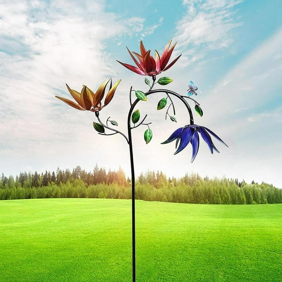 KUHBRCA Multi Colored Flowers Wind Spinner, Beautiful Summer Spinning Flowers Pinwheels, Garden Stake Wind Spinner, Wind Spinners for Yard Garden Outdoor Decor, 1 Pc