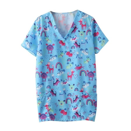 

Ozmmyan Women s Scrub Tops Fashion Summer V Neck Leisure Short Sleeve Printing Nursing Tops Clearance