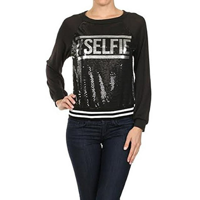 2Chique Boutique Chandail Noir à Sequins pour Femmes avec Bordure Rayée (Grand)