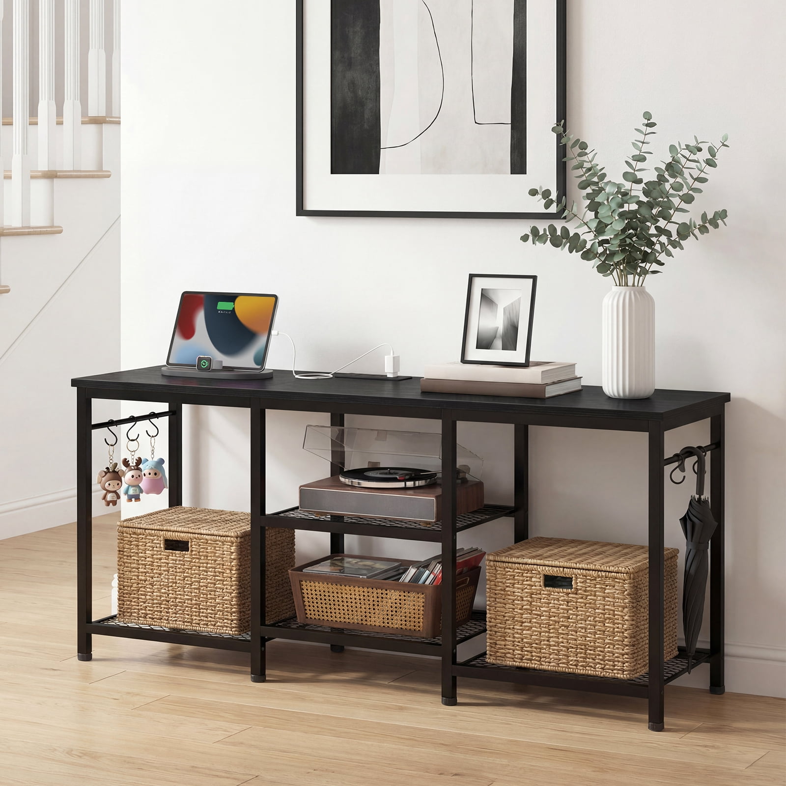 Tomnk TV Stand for 55 Inch TV, Entertainment Center with Power Outlet and Open Storage Shelves, Media Console Table for Living Room and Bedroom, Black