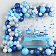 KAINSY Balloon Garland Arch Kit Navy Blue Marble Agate Silver White Balloons Pastel Light Blue Party