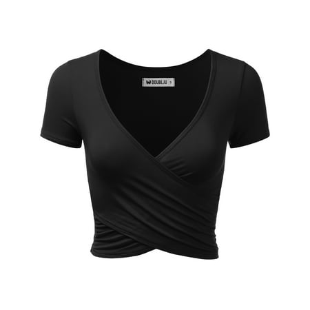 Doublju Women's Deep V Neck Short Sleeve Unique Slim Fit Coss Wrap Shirts Crop Tops BLACK