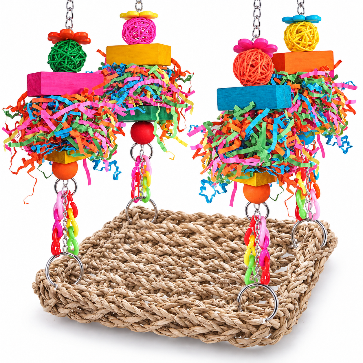 Bird Seagrass Swing Mat with Colorful Foraging Toys, 6.7-Inch Woven Climbing Hammock for Parakeets, Cockatiels, Conures and Lovebirds
