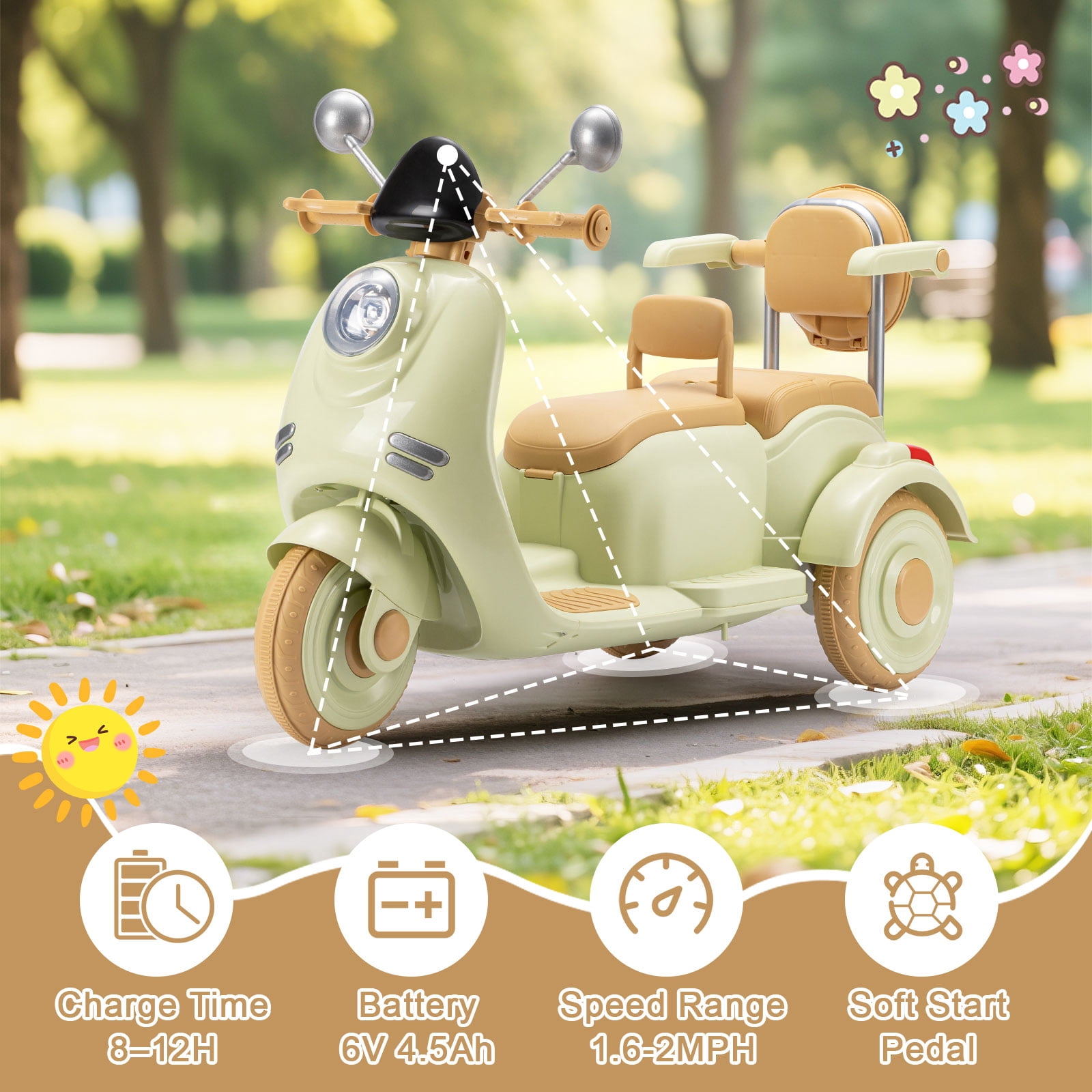 Dimedeal 12V Electric Motorcycle, Ride On Scooter for Kids, 2 Seater with Storage & Dual Motors, 3-Wheel Electric Ride On Toy for Girls and Boys Ages 3-8, Safe & Cute Design (Green)