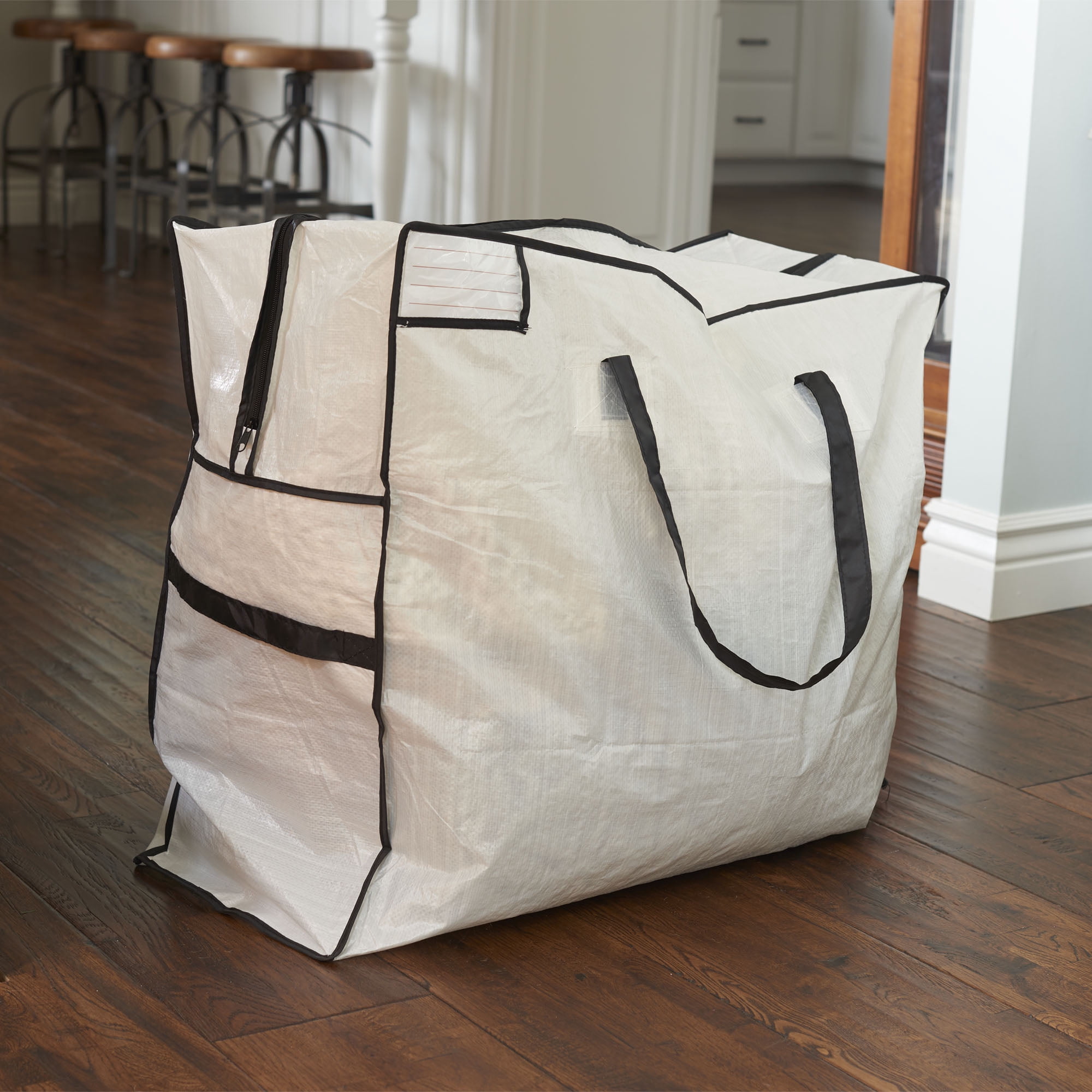 Household Essentials MightyStor Storage Tote Bag, Large, Extra-Durable PE Canvas with 4 Handles, Tear Resistant, Strong Zipper, Lightweight, Perfect for Long-Term Storage, White and Black