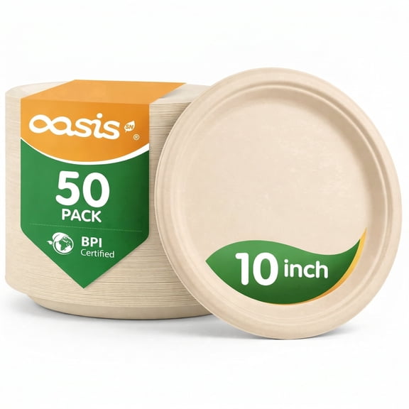 10in Paper Plates,OasisSN 50 Count Disposable Heavy Duty Paper Plates,Biodegradable Bagasse Compostable Round Plates,Eco-Friendly Disposable Dinner Plate for Daily use,BBQ,Picnic(Natural)