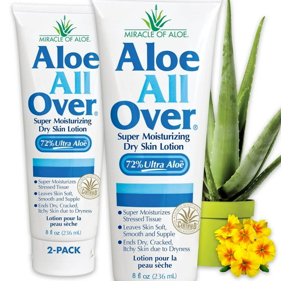 Miracle of Aloe’s Aloe All Over Super Moisturizing Dry Skin Lotion (2-Pack, 8 oz) - Made with 72% UltraAloe Aloe Vera Gel. Safe for Everyone: Men, Women, Children, Kids. Ends Flaking and Restores Dry