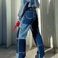 thumbnail image 2 of Women's High-Waisted Wide-Leg Patchwork Jeans with Detachable Belt, Blue, 2 of 10