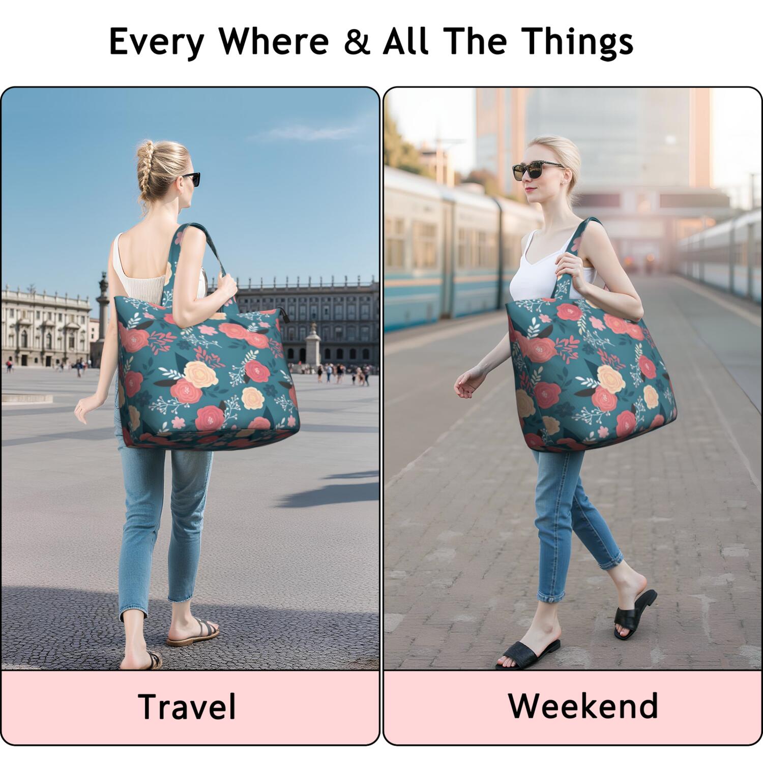 Pioneer Flower Floral Print Pattern Travel Tote Bags for Women Carry On,Large Weekender Bags for Women Travel,Multi Functional Duffle Bag for Work,Shopping,Sports