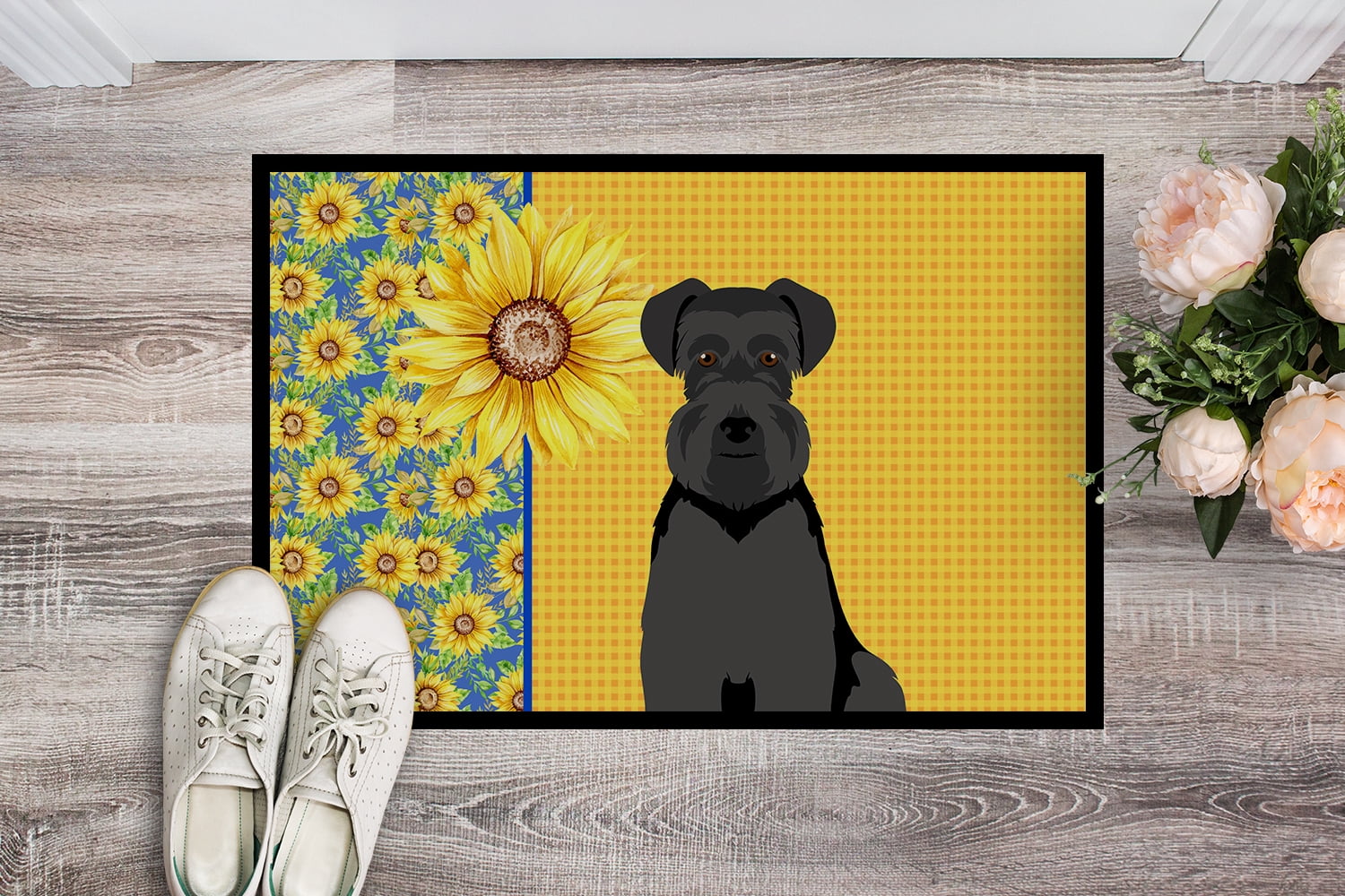 Summer Sunflowers Black Natural Ears Schnauzer Indoor or Outdoor Mat 24x36 36 in x 24 in