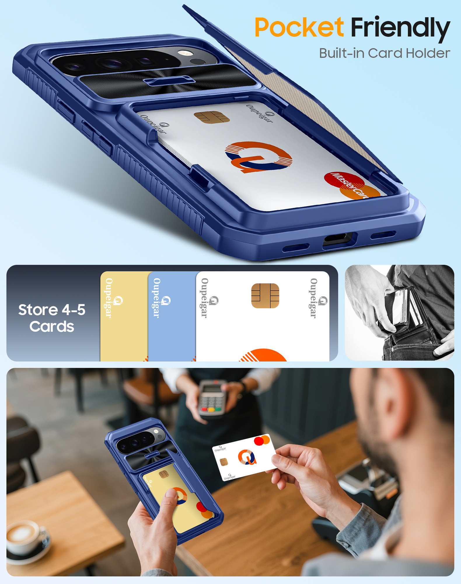 Vizvera for Google Pixel 10 Pro XL Wallet RFlD Cards Holder,Camera Control,Camera Cover,Rugged Shockproof Silicone Protective Phone Case-Blue