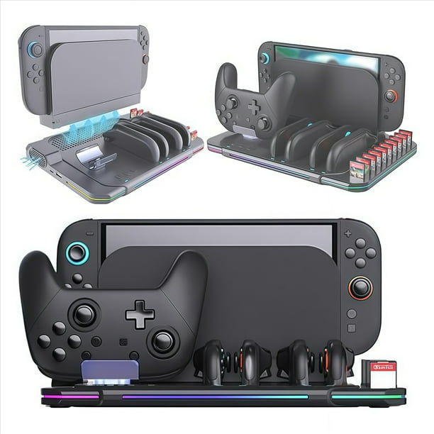 Soporte de carga para Switch 2 con ventilador de refrigeración integrado, diseño integrado para la disipación del calor, almacenamiento, luz indicadora del estado de carga e iluminación ambiental RGB