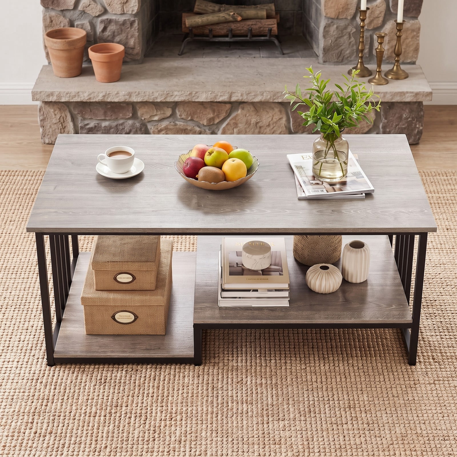 Furnibear 43.5" 2-Tier Coffee Table with Open Storage Shelf, Modern Rustic Wood and Metal Frame Center Table for Living Room, Rectangular Farmhouse, Oak and Black