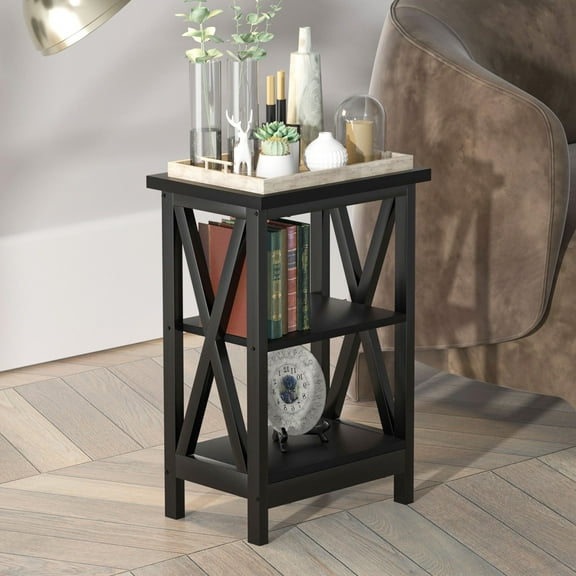 VECELO Nightstand with 3-Tier Open Shelf, Modern X-Design Bedside/End Table for Living Room, Bedroom, Home Office, Black