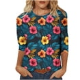 thumbnail image 2 of Xuyuer Women's Spring Summer Hawaiian Print Loose Casual Round Neck 3/4 Sleeve T-Shirt, Floral Pullover Top for Beach Vacations, Tropical Parties and Summer Holiday Style, 2 of 6