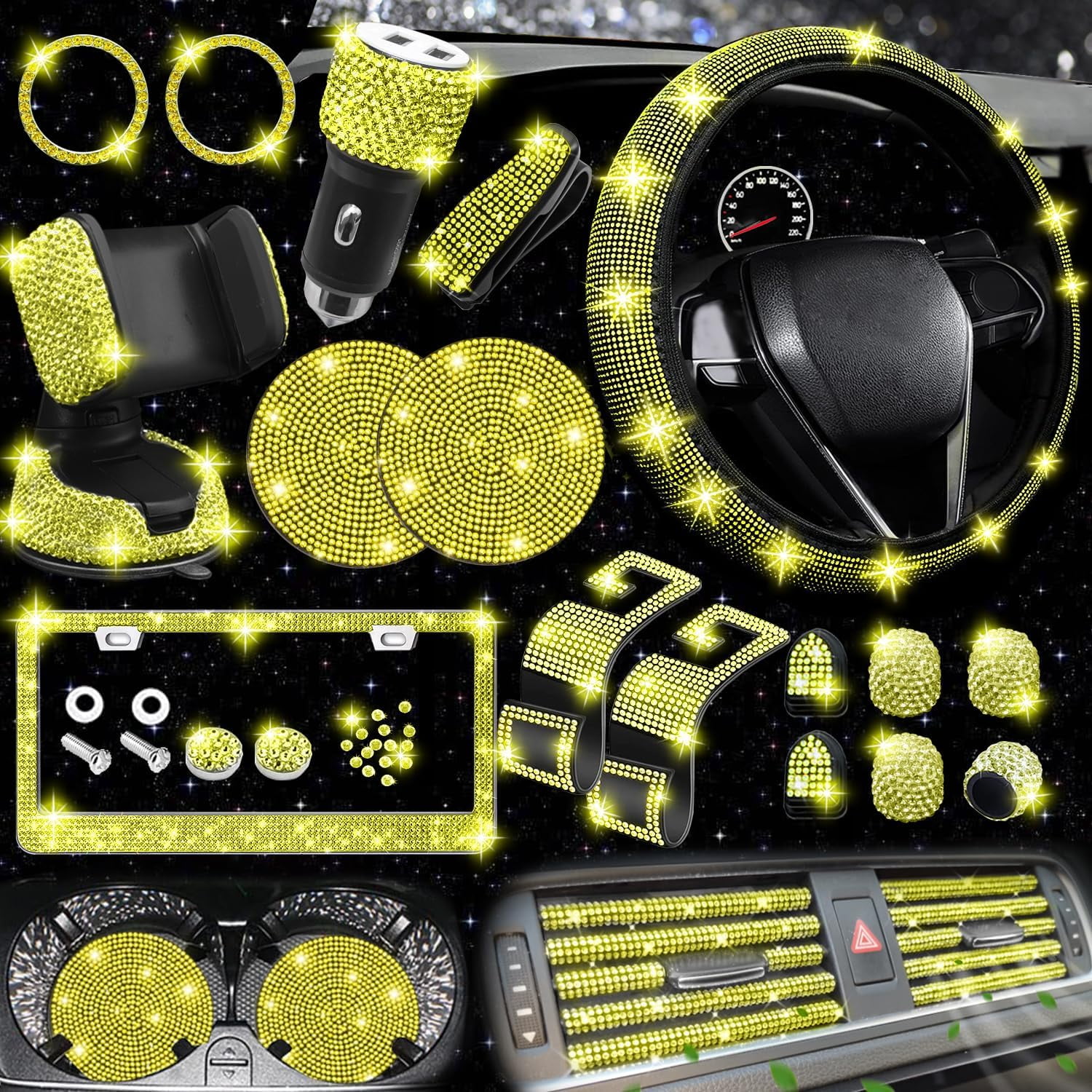27-Piece Yellow Bling Car Accessories Set - Universal Fit Steering Wheel Covers, License Plate Frame, Phone Holder, Car Coasters