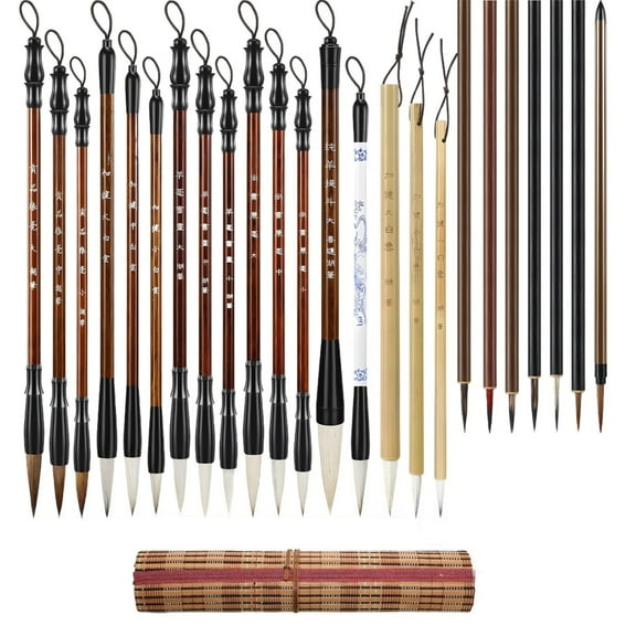 24 Pcs Chinese Calligraphy Brush Set - Professional Sumi Brushes with Roll-Up Bamboo Holder | Wooden Handles & Soft Hair and Mixed Tips, Different Sizes Brush for Writing, Painting, Watercolor