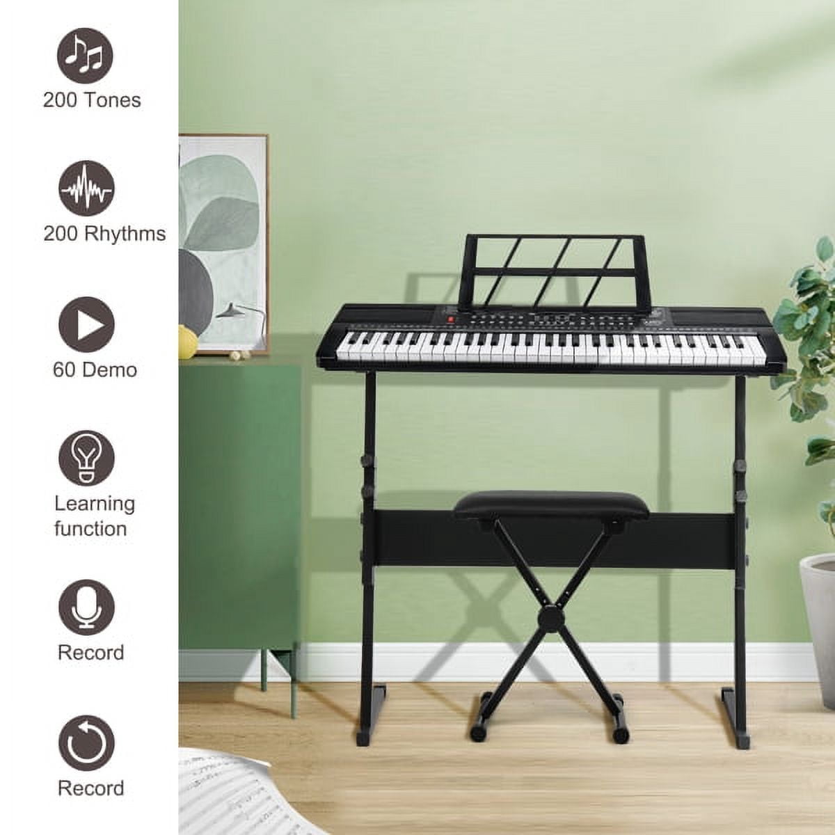 61 Key Keyboard with Piano Stand, Piano Bench, Built In Speakers, Headphone, Microphone, Music Rest, LED Screen, 3 Teaching Modes for Beginners