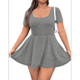 thumbnail image 1 of Women's Mini Dress Square Neck Short Sleeve Ruffle Hem Dresses with Built in Shorts Grey L, 1 of 10