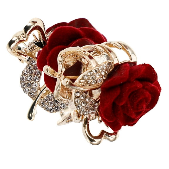 WHAMVOX 2Pcs Small Flower Hair Clips for Girls Red Flocking Imitation Rhinestone