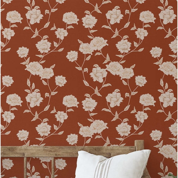 S4sassy Self-Stick Decorative Wallpaper, Beige Rose Vine Print Wall Paper, Vinyl Waterproof Contact Paper, Brown, 25"x240" Removable Renter Friendly Wall Covering For Bedroom, Livingroom, Dining room
