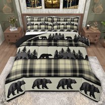 jejeloiu Cute Animal Bear Twin Comforter Sets,Beige Black Plaid Bedding Set For Boys Kids Reversible 2 Pieces