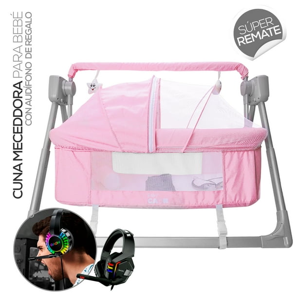 KIT CUNA MECEDORA ELÉCTRICA PARA BEBÉ ROSA MÁS AUDÍFONOS GAMER CON LUZ LED Gaon GN-ESCO