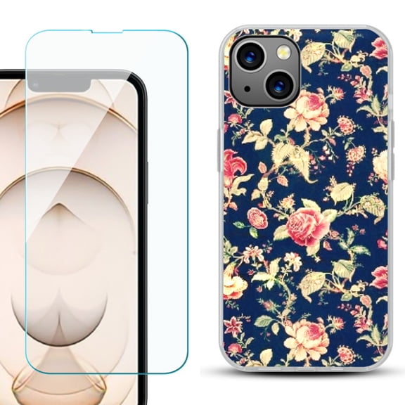 Slim-Fit Flexible TPU Gel Phone Case for iPhone 13, with Tempered Glass Screen Protector, by OneToughShield ® - Floral Garden