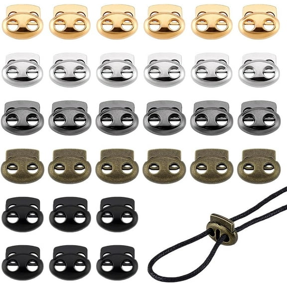 PH 30pcs 5 Colors Metal Cord Locks Double Hole Spring Stopper Fastener Slider Toggles End Clamp Toggle Stop Slider Alloy Spring Cord Lock Clasps for Drawstrings Bag Shoelaces Hat Hole 4mm colorful