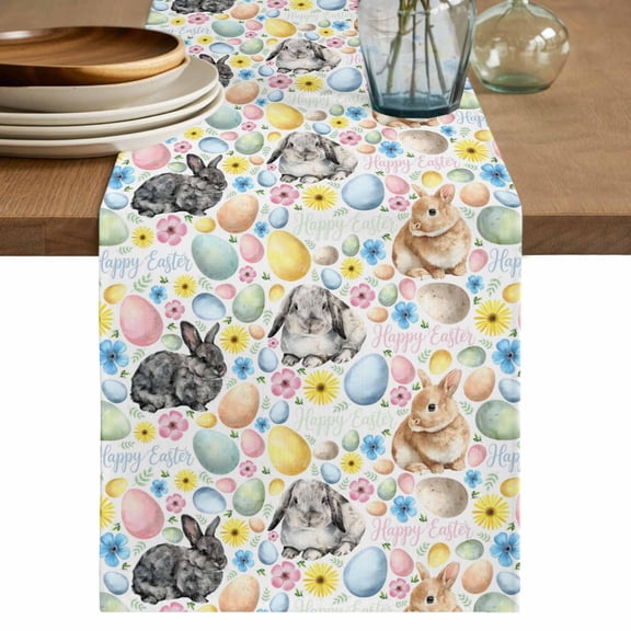 Table Runner 72 Inches Long for Kitchen Dining, Happy Easter Dresser Scarf Farmhouse, Dining Table Decorations for Wedding/Parties, Spring Watercolor Rabbits Eggs Flower 14 x 72 In