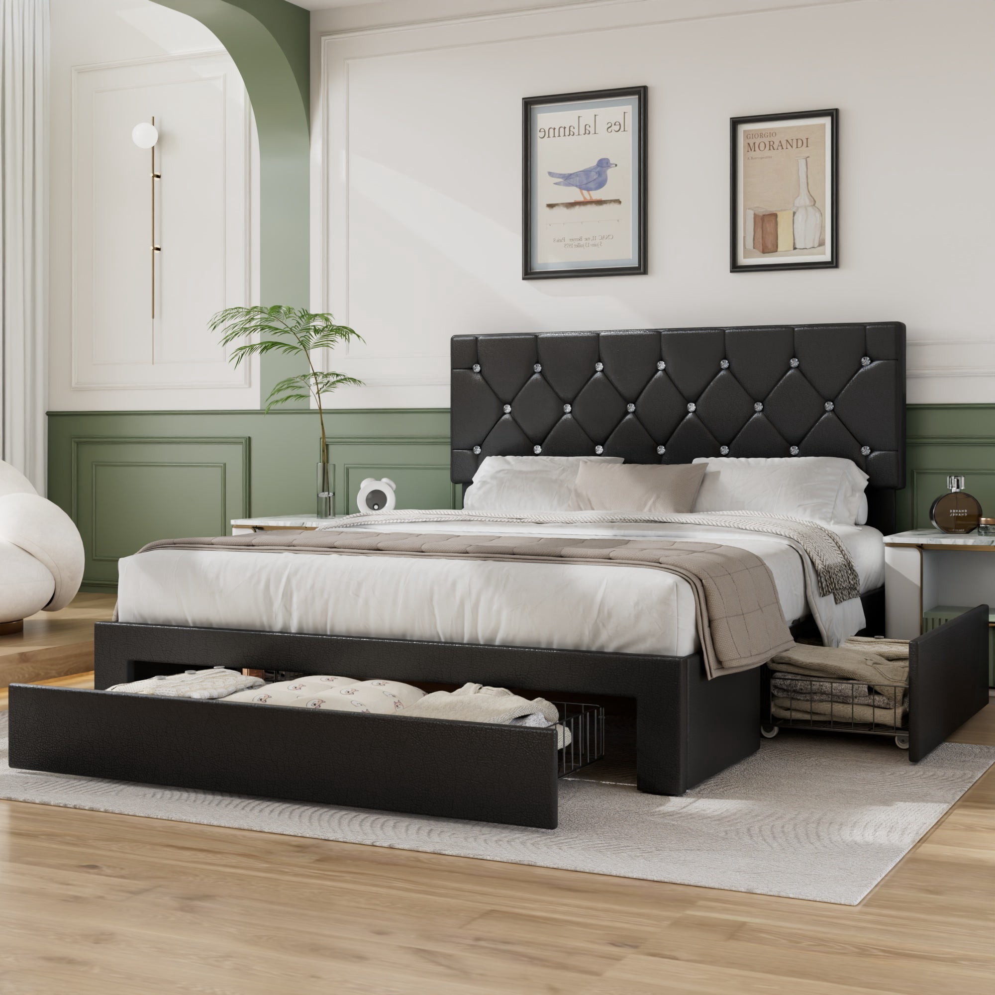 VECELO Queen Size Upholstered Bed Frame with 3 Drawers & Adjustable Headboard, Under Bed Storage, Black