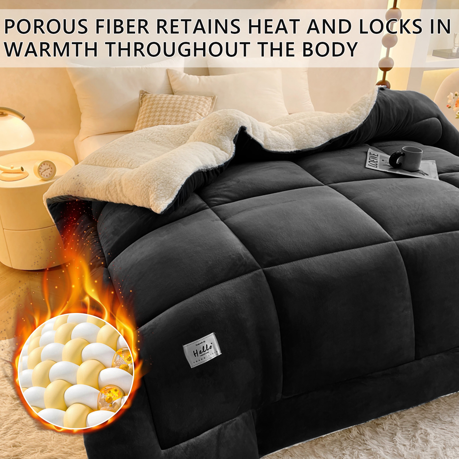 WOOW DEPOT Sherpa Fleece Queen Comforter Reversible, 1 PCS, Heavy 7.5lbs Quilted Bedding Warm Cozy Machine Washable, Black
