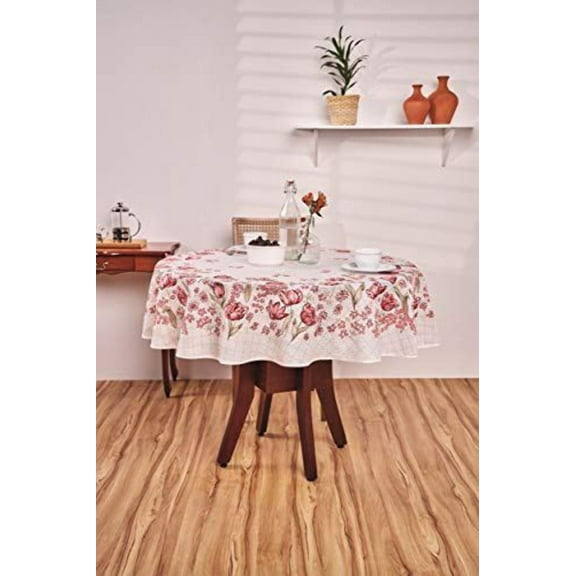 Printed Tablecloth with red or blue flowers with geometric print.